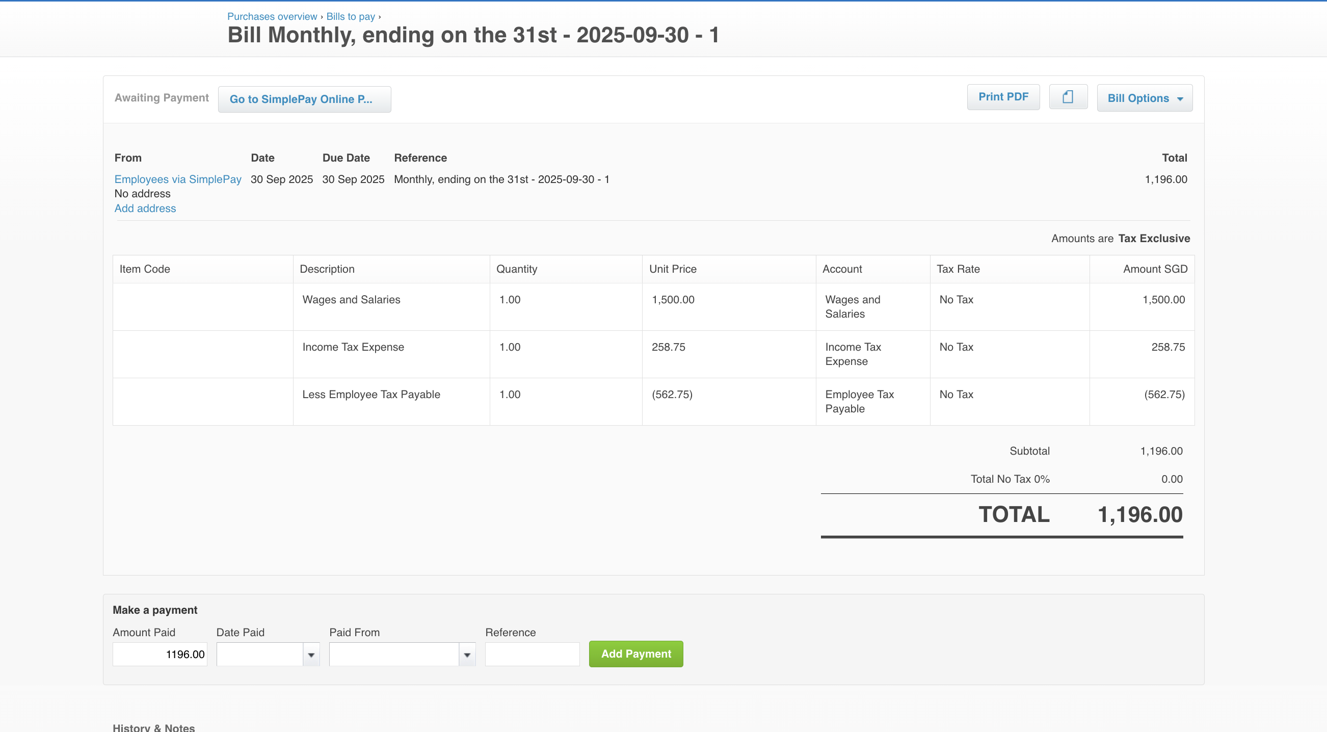 Xero supplier bill example showing payroll cost breakdown